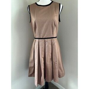 Boutique by Jaeger Brown Fit and Flare Dress with Pleats. Tan/Black Trim Sz 10